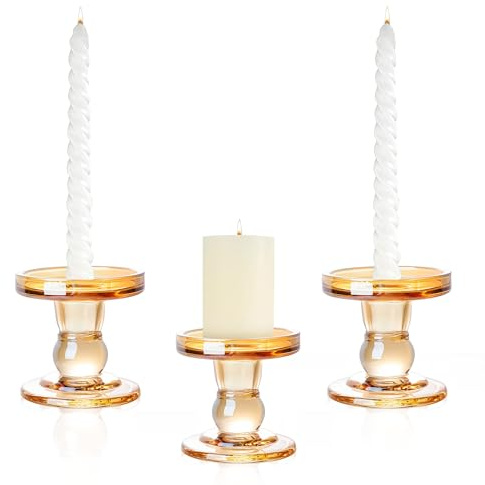 3-teiliges Kerzenhalter-Set aus Glas für Stumpen- und Stabkerzen | klares dekoratives Kerzenhalter-Set aus Glas für Hochzeiten, Tischdekorationen, Heimdekoration (Gold)