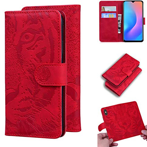 LMFULM® Hülle für Blackview A60 Pro (6,1 Zoll) PU Leder Magnet Brieftasche Lederhülle Tiger Drucken Flip Cover Ledertasche Stent-Funktion Rot