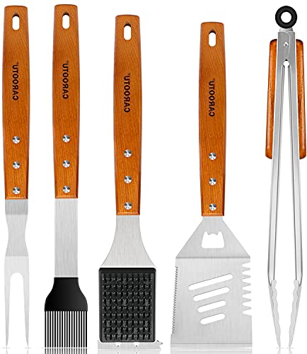CAROOTU Grillbesteck Set, 5PCS Edelstahl BBQ Grillbesteck Tool Set mit Heavy Duty Holzgriff, Grillzubehör Set für Männer, Grillset