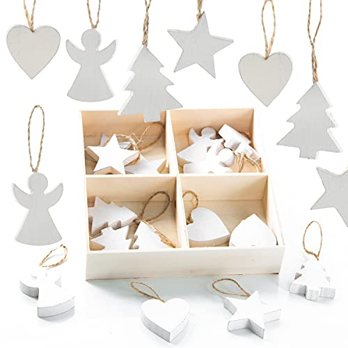 Logbuch-Verlag 24 kleine Weihnachtsanhänger aus Holz weiß - weihnachtlicher Baumschmuck Herz Stern Baum Engel