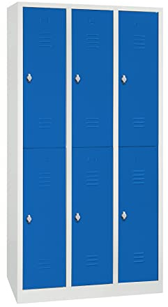 Schrank & Stuhl Spind – Metallspind mit 3 x 2 Abteilen 195 x 90 x 50 cm, Schließfachschrank mit Drehriegelvorrichtungen, Lieferung komplett montiert, Grau/Blau