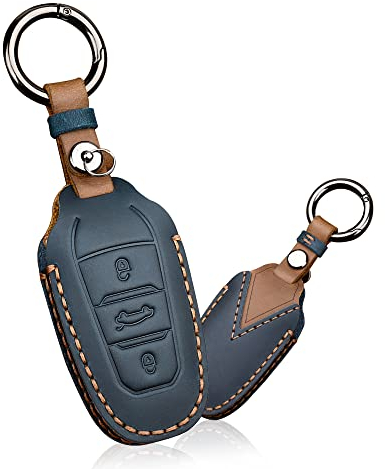 HIBEYO Autoschlüssel Hülle Passt für Peugeot 3008 208 508 Schlüsselhülle Cover in Leder Schutzhülle für Citroen C4L DS5 DS6 für Opel Grandland X Schlüsseletui Fernbedienung Schlüsselbund-Blau