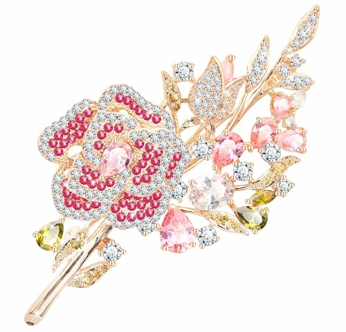 KristLand Broche De Fleurs Deluxe Plaqué Or Rose Broche De Costume avec Plein Pétillant Roses Zircone Mariage Fête Mariée Broche Corsage Cadeaux pour Femmes