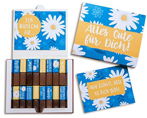Schokoladenseite Aufkleber-Set & Banderole für Merci Schokolade mit vorgedruckten Aufklebern I Persönliches Geschenk für Freunde, Familie, Kollegen | ohne Schokolade | Inkl. 2 Glückwunschkarten (blau)