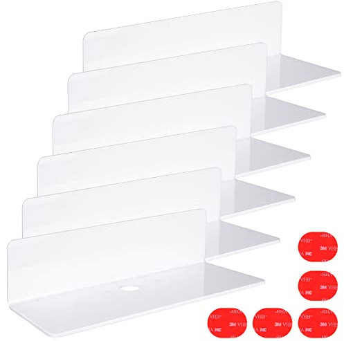 ASelected 6PCS Small Floating Shelves for Wall 9 Inch Self Adhesive Acrylic Shelves with Stick Pads, No Drill Little Floating Shelf for Speaker Bathroom Kitchen Living Room Office White
