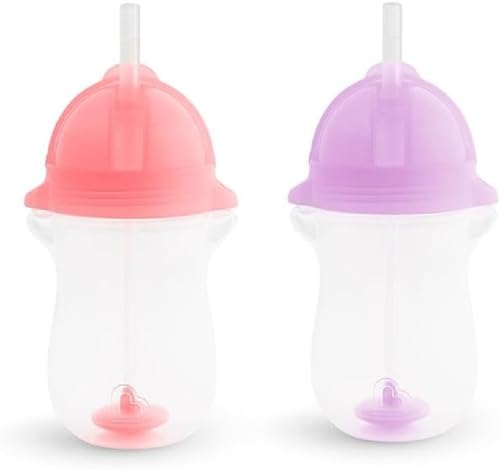Munchkin Click Lock Set de Tazas con Pajita Tip & Sip, Tazas para Bebé y Niño Pequeño con Pajita, Libre de BPA, Sin Derrames, Tazas para Niños, 296ml, Set de 2, Rosa/Morado