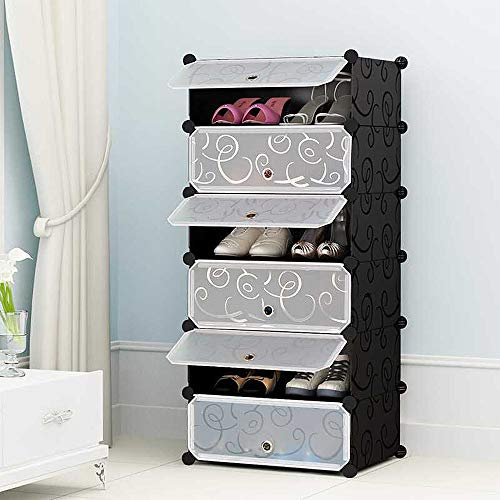 XDAILUYYDS Schuhregal Kunststoff, 6-stufiger DIY Schuhschrank mit Tür, Multifunktionaler Speicher, DIY Steckregal für Schrank Flur Schlafzimmer Eingang (6-stufiger, 6 tür)