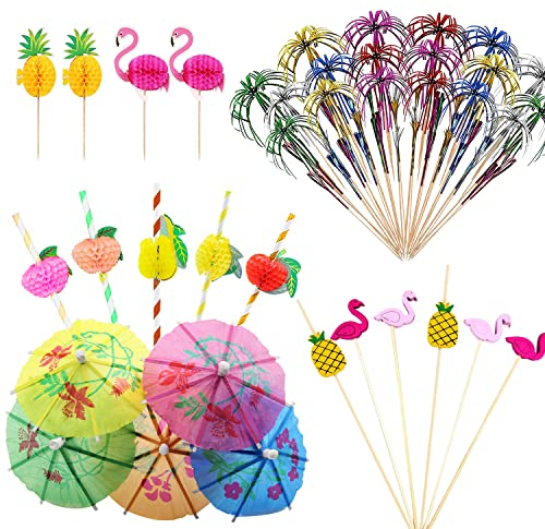 OMIGA 150 Piezas Decoración de Cóctel Fiesta Palillos Cóctel Jugos Decoración de Cócteles Piña Flamenco para Decoraciones de Fiestas Tropicales Hawaianas Fiesta de Verano (Colores Mezclados)