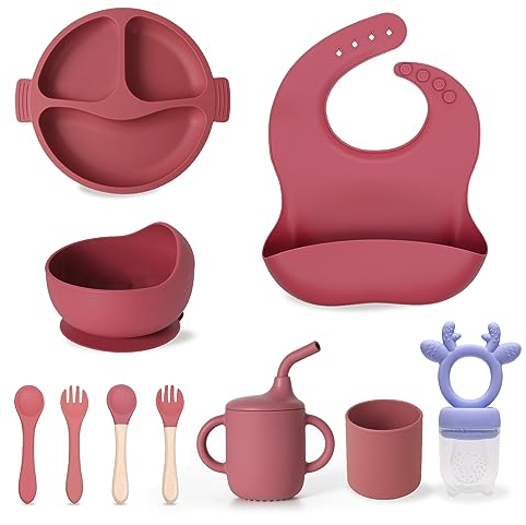 10 Stücke Kindergeschirr Set,Silikon Geschirr für Baby,BPA-Frei,Mit Fruchtsauger,Silikon-Lätzchen,Teller,Schale,Löffel, Gabel,Tassen,Trinklernbecher mit Grif und Stroh,für Babys ab 6 Monaten