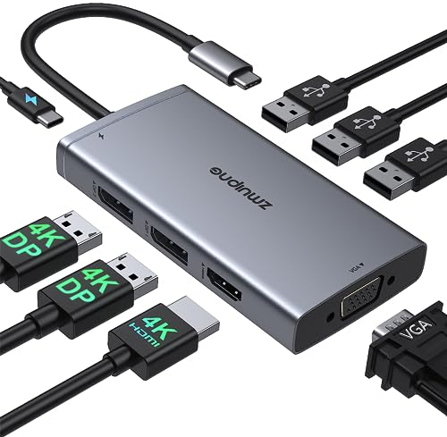 Estación de acoplamiento USB C Dual Monitor, 8 en 1 Quadruple Display USB C Hub Adaptador, USB-C Dock con puerto de doble pantalla, HDMI, VGA, 100 W PD, 3 USB 2.0, estación de acoplamiento para