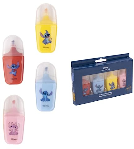 Disney Stitch Textmarker, Design Stitch und Angel Briefpapier Set, Set mit 4 Farben Rot, Blau, Gelb und Rosa