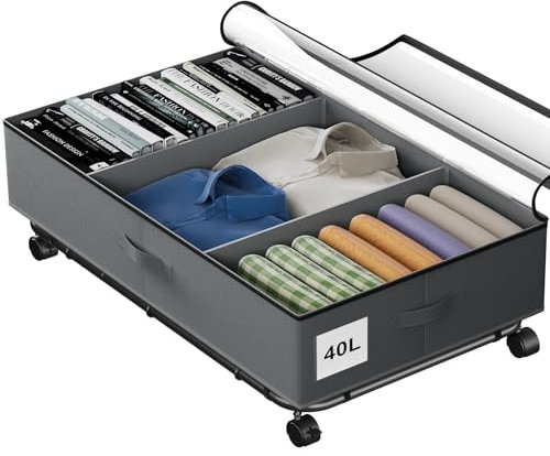AIXPI Under Bed Storage Box with Lid on Wheels, Underbed Shoe Storage Organiser, 40L Clothes Storage Drawer with Metal Support Under Sofa for Clothes, Blankets, Shoes and Toys