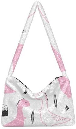 Handgezeichnete rosa Dinosaurier Schulter Tote Taschen für Frauen Pelzige Crossbody Tasche Hobo Handtasche Geldbörsen für Reisen College Arbeit, Handgezeichneter rosa Dinosaurier, Einheitsgröße