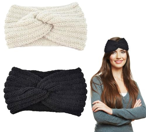 Vordpe Lot de 2 bandeaux tricotés d'hiver pour femmes et filles, bandeau élastique pour cheveux, cache-oreilles pour sports de plein air, ski, course à pied (noir + blanc)