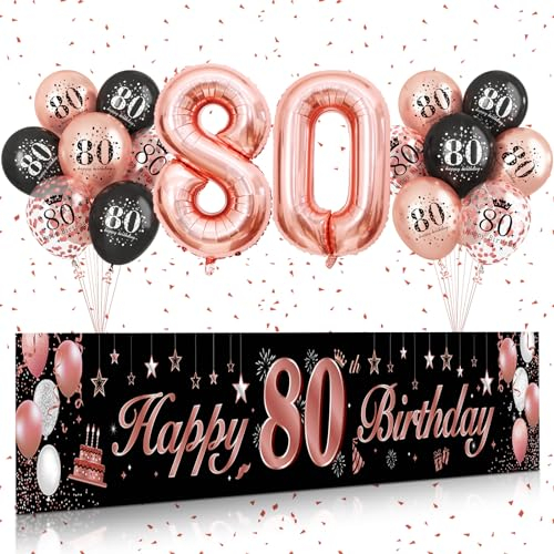 80 Geburtstag Deko Roségold Schwarz,BTZO 80 Geburtstag Banner Frauen,80 Geburtstag Hintergrund Banner für 80 Frauen und Männer Geburtstagsfeier Deko
