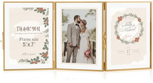 Jajamy Goldener schwebender Bilderrahmen, Vintage-Stil, 12,7 x 17,8 cm, aufklappbarer Glas-Bilderrahmen mit drei Öffnungen, für Kunstwerk-Fotoständer auf Tischplatte