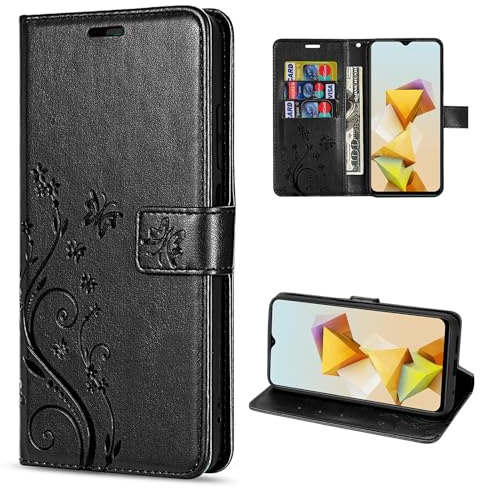 betterfon Hülle Kompatibel mit ZTE Blade A73 5G | Premium PU Leder Handyhülle Wallet Case für Blade A73 5G | Schutzhülle Blumen Klapphülle Handyhülle | Schwarz