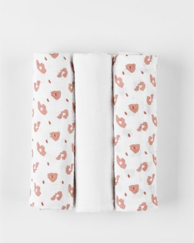 Noukie's - 3er-Pack Wickeltücher Babou & Kendi - Bio-Musselin - Beige/Cappuccino - Leopardenmotive