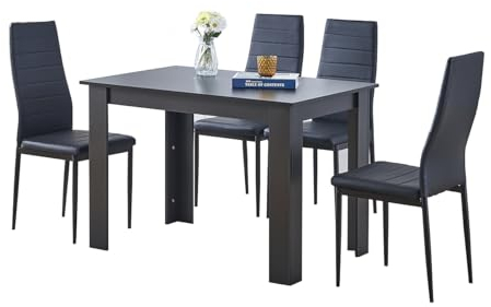 Homullel 5 Piece Dining Room Table and Chairs Set for Dining Room Kitchen, Modern Wooden Dining Table with Chairs for Family Dinner Set (With 4Pcs Black Leather Chairs, 110cm Black Table)