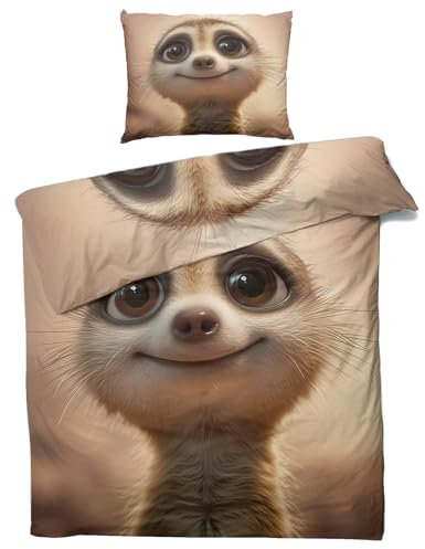 MOBEITI Erdmännchen Bettwäsche 135x200, Tiere Wendebettwäsche, Weiche Kuschelige Mikrofaser Bettbezug Set 2teilig, 1 Kissenbezug 80x80, mit Reißverschluss -MO&300