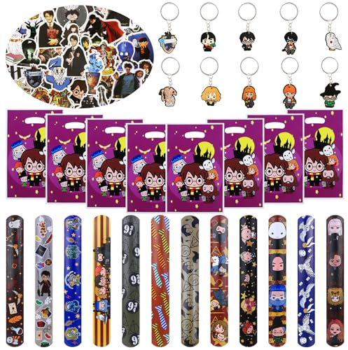 82 Pcs Mitgebsel Kindergeburtstag, Wizard Party Mitgebsel Spielzeug Geburtstagsdeko 12 Schnapparmband Kinder 10 Schlüsselschnalle 50 Aufkleber 10 Geburtstagstüten Geburtstag Deko Zubehör Gadget