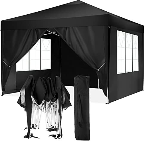 COBIZI Carpa Plegable 3 x 3, Cenadores para Jardin con 4 Paneles Laterales, Carpa Impermeable Exterior de Altura Regulable, Carpas para Exteriores, Playa, Boda, Camping, Negro