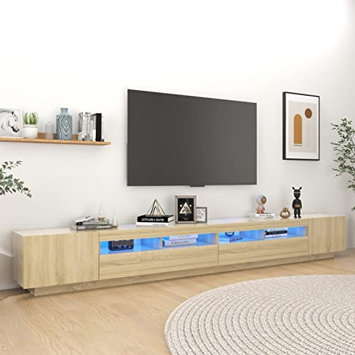 Homgoday Armadio per TV con luci a LED, per TV, TV, con molto spazio, moderno, per soggiorno, camera da letto, rovere Sonoma, 300 x 35 x 40 cm