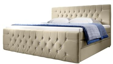 Boxspringbett Nobile 140x200 Doppelbett Polsterbett Bett mit Strass und Stauraum | Bezug: Samt | Farbe: Beige | Härtegrad: H3 (70-100kg)