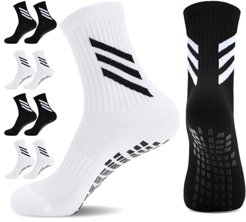 Yagurby 4 Paare Fußball Socken, 38–45 Fussball Socken für Herren Damen, Anti Rutsch Grip Socken Fußball, Sportsocken für Fussball Basketball Rugby Yoga Wandern Laufen (Nylon, Weiß+Schwarz)