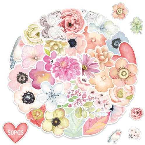 Blumen Sticker, Pack of 50 Pril Blumen Aufkleber, Waterproof Vinyl Blumen Aufkleber, Reusable Plant Stickers for Water Bottles, Luggage, Bicycle, Guitar, Suitcase, Diary, Scrapbook, Mobile Phone