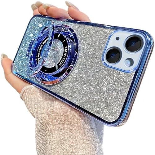 IMIRST Glitter Case for iPhone 16 Plus (6.7'') Transparent Soft TPU Plating Pouch with Big Ring Holder Stand Girly Women Gradient Phone Cover for Apple iPhone 16 Plus. DS Blue