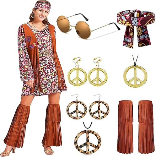 XCMVCN 11 Stück Hippie Kostüm Damen Set, 60 70er Jahre für Damen Hippie Kleidung, Halloween Kostüm Karneval Kostüm Damen Disco Party Cosplay Faschingskostüme - L