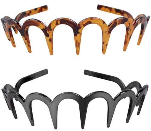 2 Stück Zick-Zack-Stirnband, Haifischzahn-Haarkamm, Harte Stirnbänder, Kunststoff Zickzack Haarreifen, Gewelltes Haarkamm-Stirnband für Mädchen, Damen, Herren (Leopardenbraun und Schwarz)