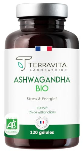ASHWAGANDHA BIO KSM-66® | Dosage Extra Fort 1200 mg | 5% de Withanolides | Sommeil, Vitalité, Stress & Mémoire | Sans Excipients Controversés | 120 Gélules Vegan | Made in France | Terravita
