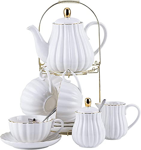 Tea Cup Coffee Mug Euro Style Porcelain Set with Display Stand,Teapot with 4 Teacups and Saucers - Gold Bee Inside the (White)