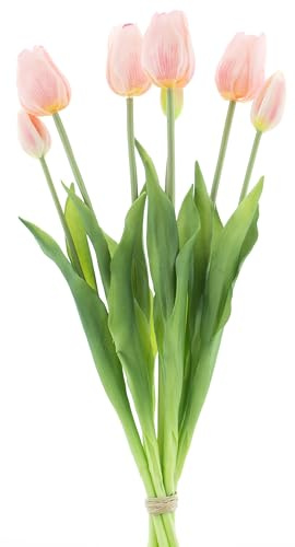 mucplants künstliche Tulpen Classic ca. 47cm Tulpenbündel mit 4 Tulpen und 3 Tulpenknospen real Touch (Rosa)
