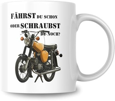 GRAVURITE - Tasse Simson, Becher Simson S51, Motorrad Tasse, Tasse Schrauber, Geschenk für Motorradfahrer, Humorvoller Spruch für Schrauber, Hochwertige Keramik, Weiß