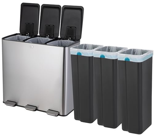 Home Zone Living Großer Küchenabfalleimer mit drei Fächern für Recycling, Edelstahl, Silber, insgesamt 90 Liter