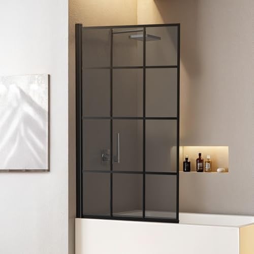 INMOZATA Tempered Glass Shower Screen for Bath, Over Bath Shower Screen Glass Panel | 180 Degree Rotation, Black, 800 * 1400mm