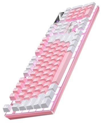 KICHOUSE Teclado Ergonómico USB Teclas con Retroiluminación RGB Sensación Mecánica Resistente y Diseñado para Oficina y Gaming Color Blanco y Rosa Combinado