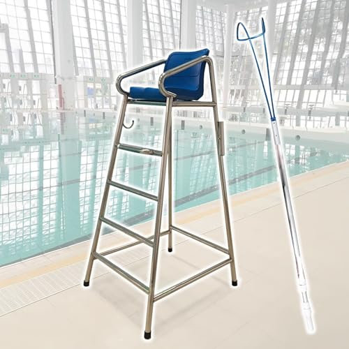 Sedia da bagnino per piscina alta 180 Cm Sedie Da Bagnino Per Lago, Seggiolone Da Piscina Per Bagnino Con Asta Di Salvataggio Da 3 M, Sedia Alta Con Supporto A Terra Per Bagnini, Arbitri, Acciaio Inos