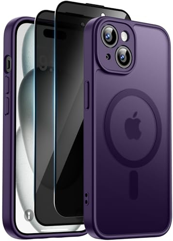 Helssitot Coque pour iPhone 15 avec Verre Trempé Anti-Espion, Violet Foncé | Magnétique Compatible avec Mag Safe Militaire Étui Housse Antichoc Bumper Militaire 6,1 Pouces