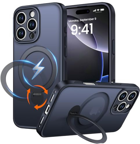 PuyaTeya Magnet-Ständer 360° für iPhone 16 pro Hülle, Matt-Schwarz | Kompatibel mit Magnetischer 16FT Military Drop Protection, Anti-Kratzer/Fingerabdruck Handyhülle für iPhone 16 pro