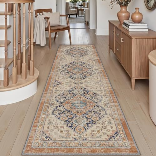 DEXI Läufer Flur 60 x 150 cm, Waschbar und rutschfest, Orange | Dünne Vintage‑Stil Läufer Teppich, Schmutz & Wasser Teppichläufer für Flur, Hauseingänge, Küche, Waschküche