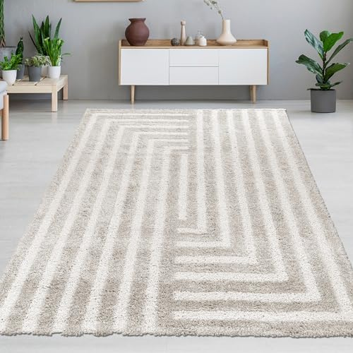 CARPETIA Hochflor Teppich Wohnzimmer Esszimmer Wohnbereich weich pflegeleicht strapazierfähig modern stilvoll langlebig gemütlich dekorativ angenehm Beige 160 x 230 cm