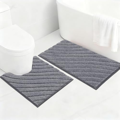 SHACOS Badezimmerteppich Set 2 Teilig Badteppich rutschfest Badematte Weiche Badezimmer Teppiche Wasserabsorbierend Badezimmermatte Waschbar Badvorleger Set, Grau, 45x65+50x60cm