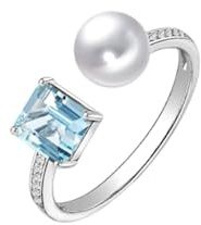 Wycian Eheringe Frauen Wedding Rings White Gold Women 14CT Aquamarin Öffnen Sie mit Aquamarin, Perle und Diamant Größe 58 (18.5) Massiv, Nicht Plattiert Beliebt für Schwester Neujahr Schmuck