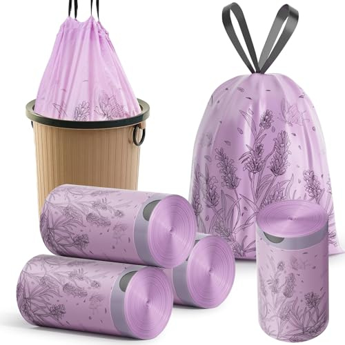 200 PCS Bin Bags, Lavender Scented Small 2.6 Gallon Trash Bags 10-15L Bin Liners with Drawstrings for Home Office Kitchen & Bathroom that Leaves Your Swing Bin Smelling Fresh Beautiful Print 45 * 50CM
