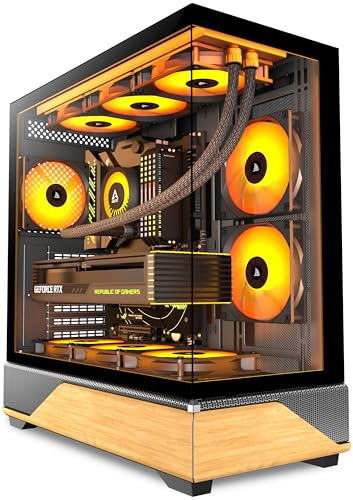 PCZZOI ATX Mid Tower PC Gaming Case - Wood Walnut front - Tempered Glass side panel - 5 PWM ARGB fans included - Type C USB - Gaming Desktop Computer Case
