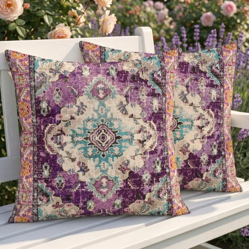 Luzzxfa Wetterfest Outdoor Kissenbezug 40x40 cm 2er Set Boho Dekokissen Zweiseitiges Muster Lila Vintage Sofakissen Sommer Kissen Leinen Kissenbezüge Dekorative für Sofa Garten Balkon Camping